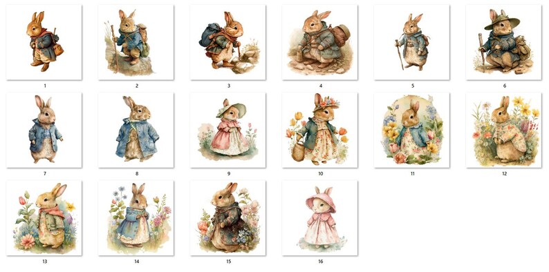 May include: Twelve illustrations of bunnies in various poses and outfits. The bunnies are depicted in a watercolor style with soft colors and delicate details. Some bunnies are wearing hats, backpacks, and carrying walking sticks. Others are holding flowers or baskets. The illustrations are set against a white background.