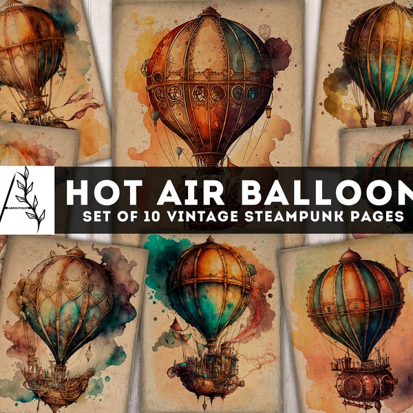 Hot air balloon Paper Pack, Steampunk Printables, Steampunk Junk Journal Kit, Watercolor Digital Pages Collage Sheet, Instant Download