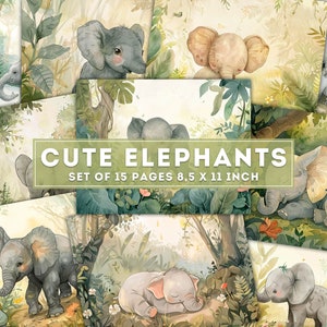 Papel digital de elefantes fofos, kit de diário de lixo, elefantes bebês, ilustração de livro infantil, páginas para impressão de álbum de recortes de animais, download digital