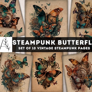 Steampunk Butterfly Paper Pack, Steampunk Printables, Steampunk Junk Journal Kit, Watercolor Digital Pages Collage Sheet, Instant Download