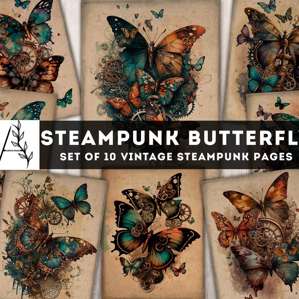 Steampunk Butterfly Paper Pack, Steampunk Printables, Steampunk Junk Journal Kit, Watercolor Digital Pages Collage Sheet, Instant Download