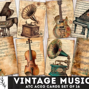 Tarjeta de música vintage, notas musicales Diario basura Imprimible ATC ACEO Tarjetas 2.5" x 3.5" Tarjetas digitales hechas a mano, scrapbooking, tarjetas imprimibles