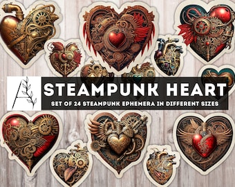 Steampunk Heart, Steampunk Printable Junk Journal, Steampunk Valentine's Day Ephemera, Fussy Cut, Digital Hearts Instant Download JPG PDF