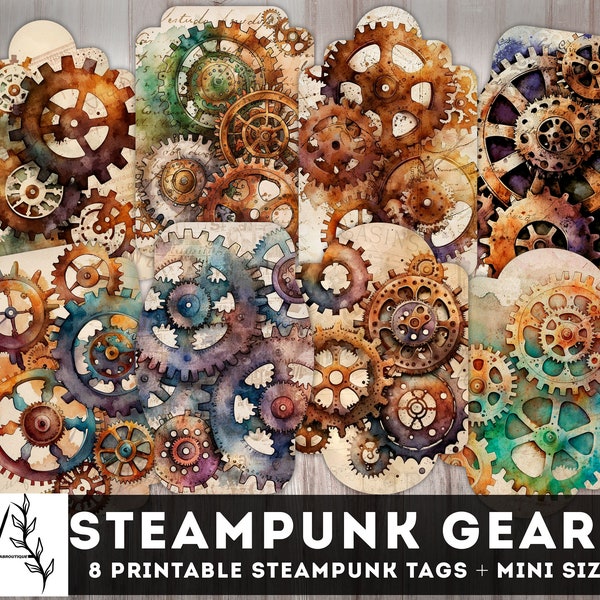 Junk Journal Tags, Watercolor Steampunk Gears Tags, Vintage Gears Tag, Digital Journaling Labels, Printable Inserts, Journal Supplies