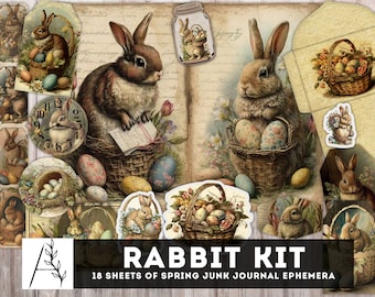 Fairy Rabbit Printable Kit, Bunny Junk Journal, Spring, Easter, Fussy Cut, Envelopes & Pockets, Ephemera, Tags, Egg Hunt Basket, Download