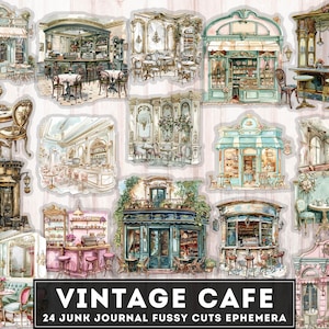 Recortes de cafetería vintage, efímeras de cafetería, pegatinas, paquete de 24 imágenes prediseñadas PNG + JPG, imprimibles de diario basura, descarga digital