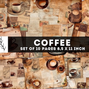 Hoja de collage de café, kit de diario basura de café, páginas de diario vintage, paquete de papel de taza de café, páginas imprimibles, páginas acogedoras de disfrute digital