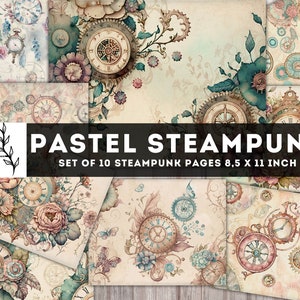 Pastel Steampunk Paper Pack, Vintage Junk Journal Kit, Steampunk Uhr mit Blumen, Collage Sheet, digitale Seiten, Instant Download