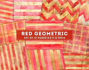 Red Geometric Digital Paper, Watercolor Scrapbook Papers, Junk Journal kit, Digital Background, Printable Paper Set, Minimalist designs