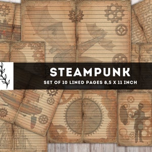 Carta Steampunk, carta a righe bianche Steampunk, diario Steampunk, stampe Steampunk, orologio, ingranaggi, aereo, nave, treno, industriale