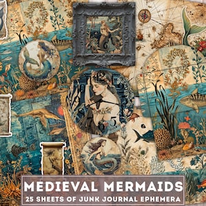 Könnte beinhalten: Eine Collage aus 25 digitalen Papieren mit mittelalterlichen Meerjungfrauen, Meeresbewohnern und nautischen Elementen. Die Papiere sind im Vintage-Stil gehalten und in den Farben Blau, Grün und Gold gehalten. "MEDIEVAL MERMAIDS 25 SHEETS OF JUNK JOURNAL EPHEMERA" steht am unteren Rand des Bildes.