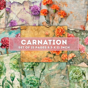 Nelke Collage, Junk Journal, Vintage Papierpackung, digitales Papier mit Blumenmuster, alte Blumen drucken, druckbare Seiten Blüte, digitaler Download