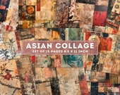 Asian style Collage, Mixed Media, Textiles & Paint, Junk Journal Ephemera Sheets, Old Background, Vintage Printable Pages, Digital Download