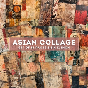 Collage im asiatischen Stil, Mischtechnik, Textilien und Farbe, Junk Journal Ephemera-Blätter, alter Hintergrund, druckbare Vintage-Seiten, digitaler Download