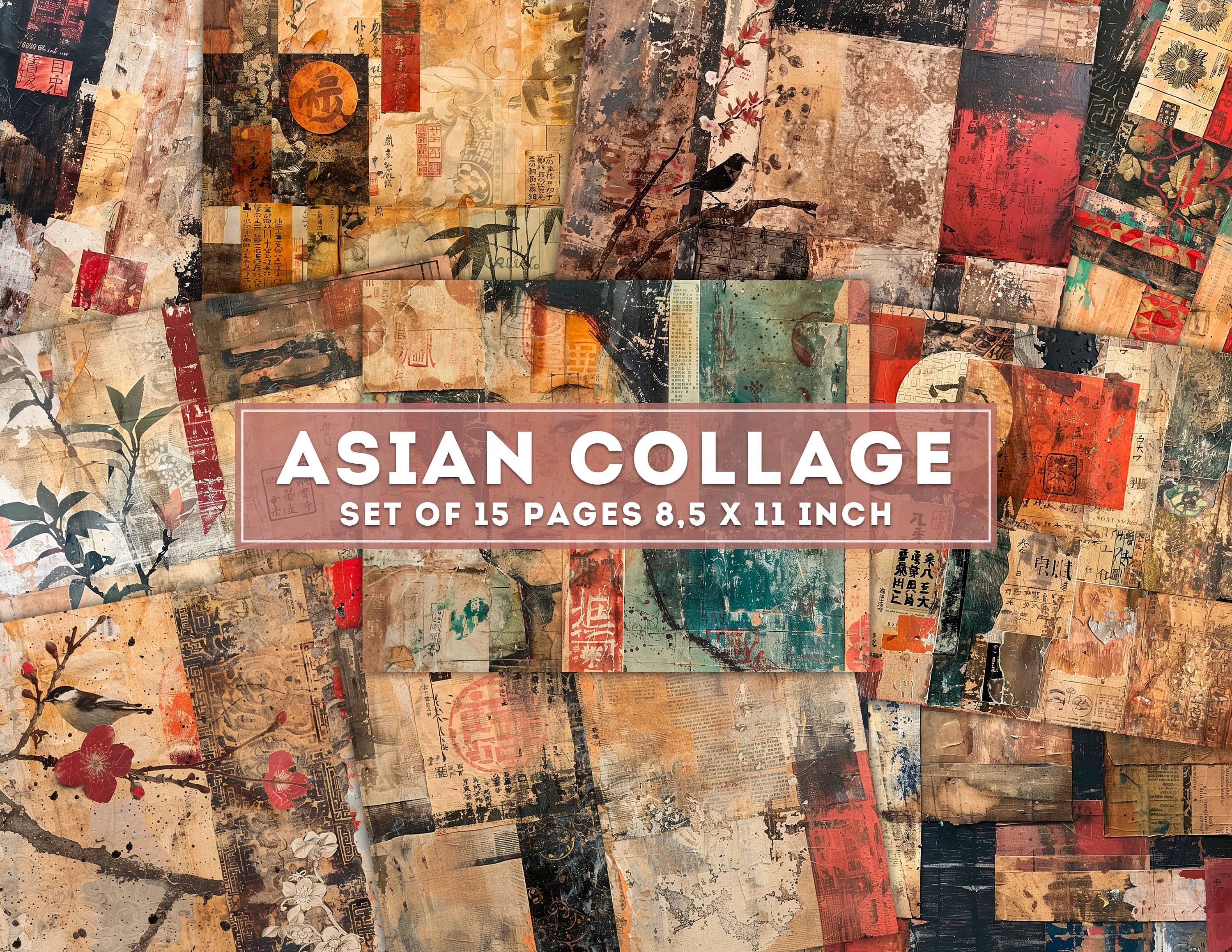 Asian Style Collage, Mixed Media, Textiles & Paint, Junk Journal