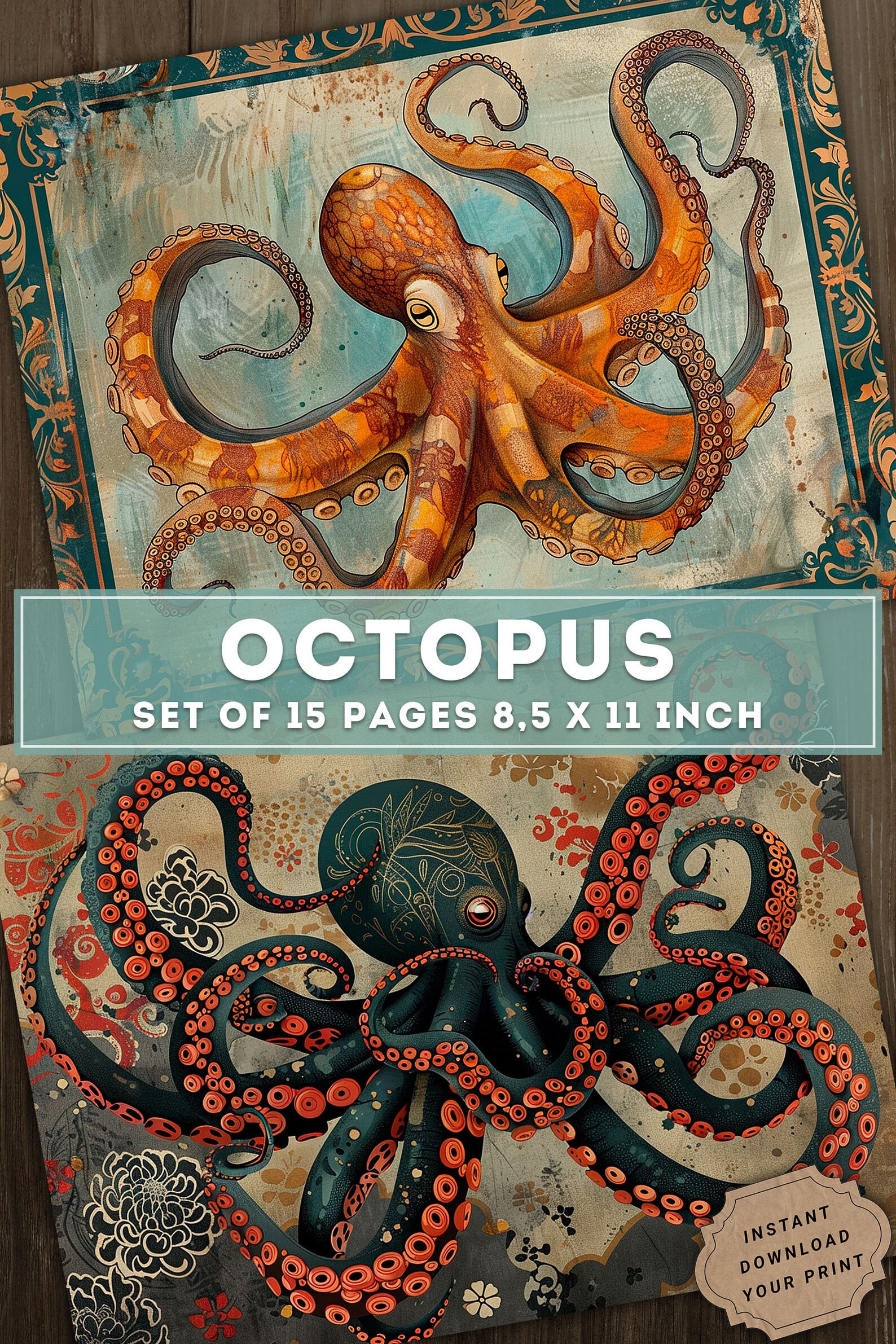Octopus Collage Paper: Nautical Junk Journal Pages (digital Download ...