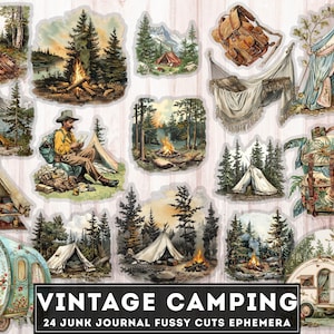 Vintage Camping Clipart - 24 PNG Reise Bild + JPG Ephemera, Outdoor Abenteuer, nostalgische Wandern Fussy Cuts, Junk Journal, digitaler Download