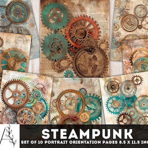 Pacchetto carta ingranaggi, stampabili Steampunk, diario spazzatura Steampunk, ruota dentata Steampunk, foglio collage pagine digitali, download istantaneo