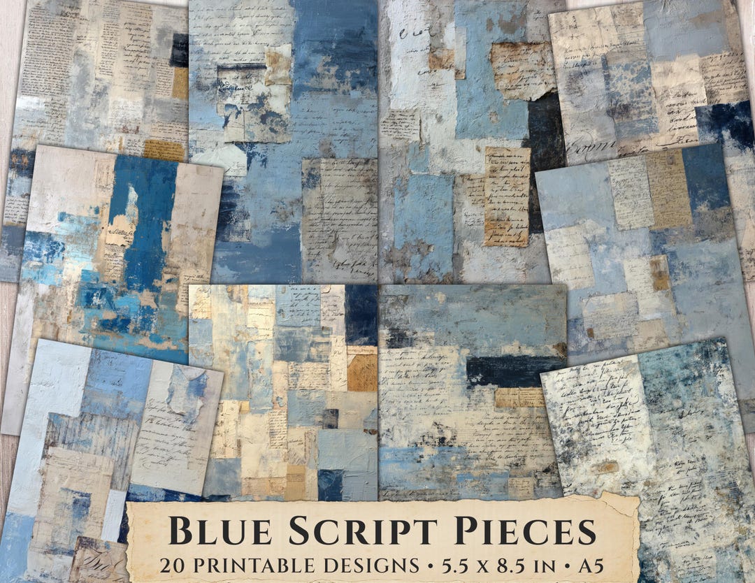 Empherma Script Paper Blue Script Ephemera Paper, Vintage Handwritten Junk Journal Background ...