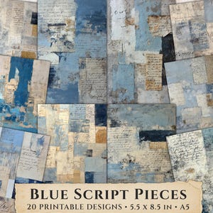 Könnte beinhalten: Eine Sammlung von 20 druckbaren Designs mit dem Titel "Blue Script Pieces". Die Designs zeigen eine Collage aus blauer, beiger und weißer abstrakter Kunst mit handschriftlichem Skript. Jedes Design misst 14 x 21,6 cm.