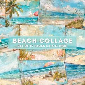 Papier collage de plage, journal indésirable, éphémères de la mer, vieux fond, papiers peints tropicaux, pages à imprimer, scrapbooking, téléchargement numérique
