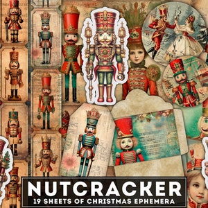 Könnte beinhalten: Ein Set mit 19 digitalen, druckbaren Blättern mit Vintage-Illustrationen von Nussknacker-Soldaten. Die Bilder sind in verschiedenen Stilen und Farben gehalten, darunter Rot, Blau, Grün, Gold und Weiß. Die Blätter eignen sich perfekt zum Scrapbooking, Kartenbasteln und anderen Bastelprojekten. "NUTCRACKER 19 SHEETS OF CHRISTMAS EPHEMERA" ist unten auf dem Bild gedruckt.