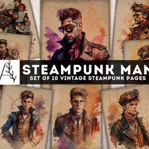 Steampunk Mann Aquarell, Papiersatz, Steampunk Printables, Steampunk Junk Journal Kit, Collage Sheet, digitale Seiten, sofortiger Download