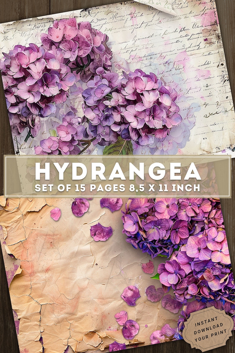 Hydrangea Collage, Junk Journal Kit, Colorful Vintage Flowers Paper ...