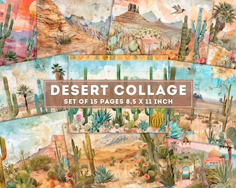 May include: A collage of 15 digital paper pages featuring desert landscapes with cacti, mountains, and sky. The pages are 8.5 x 11 inches and have a vintage, distressed look.