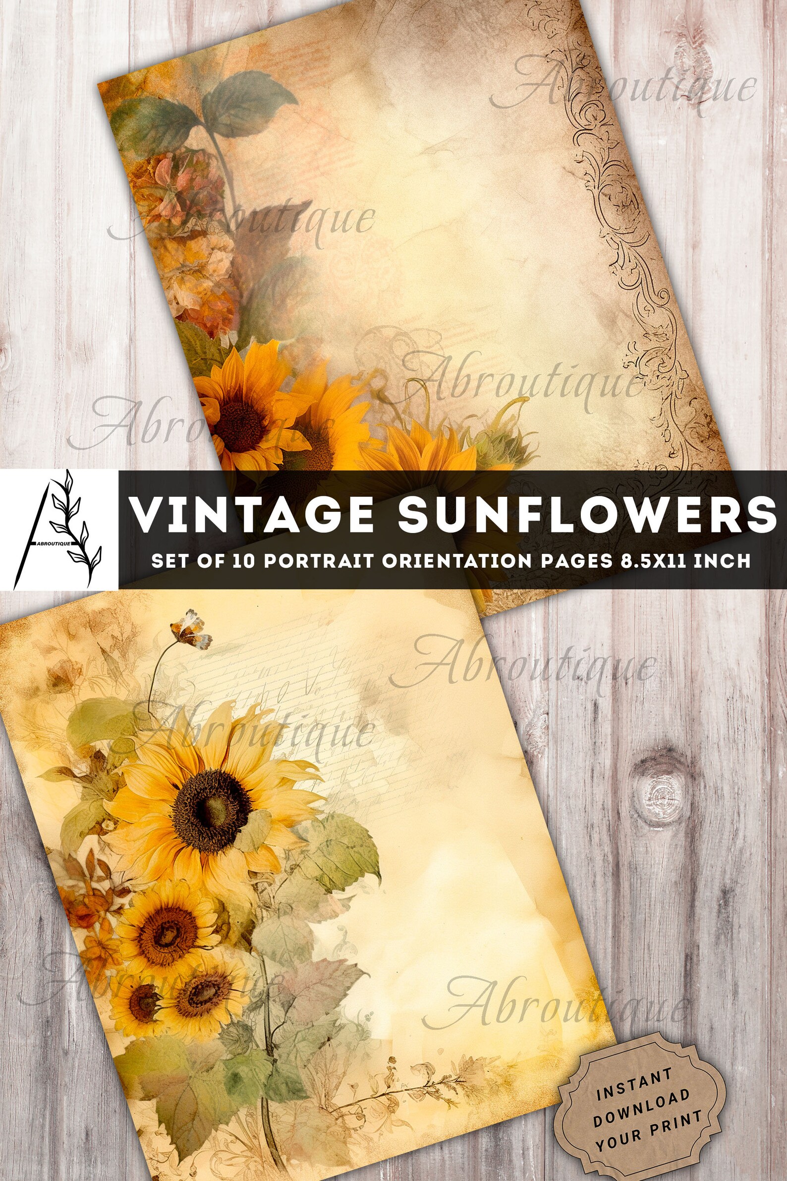 Vintage Sunflowers Digital Paper Pack for Scrapbook and Junk Journal ...