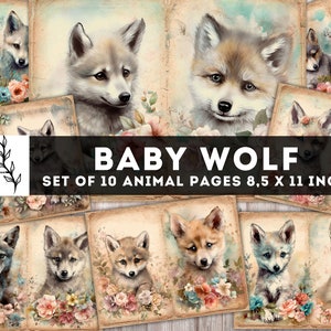 Baby Wolf Junk Journal Kit, Vintage Wolf Paper, Digital Journaling Pages, Shabby Chic Animal Pages, Junk journal supplies, Instant Download