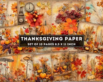 May include: A set of 10 Thanksgiving-themed paper pages, each 8.5 x 11 inches. The pages feature watercolor illustrations of pumpkins, autumn leaves, berries, and floral arrangements in warm orange, yellow, and brown tones. The text "THANKSGIVING PAPER" is displayed.