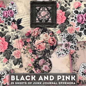 Pode incluir: Uma folha de colagem digital com 25 páginas imprimíveis de desenhos florais pretos e rosa, mostradores de relógio e texturas vintage. "Black and Pink 25 Sheets of Junk Journal Ephemera" está escrito na parte inferior da folha.
