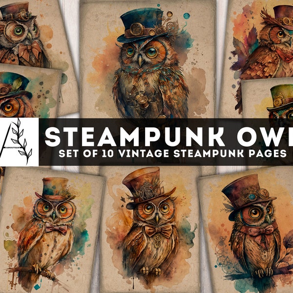 Steampunk Owls Paper Pack, Fairy Birds Printables, Watercolor Owl, Steampunk Junk Journal Kit, Digital Pages Collage Sheet, Instant Download