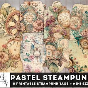Etykieta do dziennika Pastel Steampunk Junk, Shabby Chic, Vintage Gears and Clock, Etykiety do dziennika cyfrowego, Wkładki do druku, Artykuły do dziennika