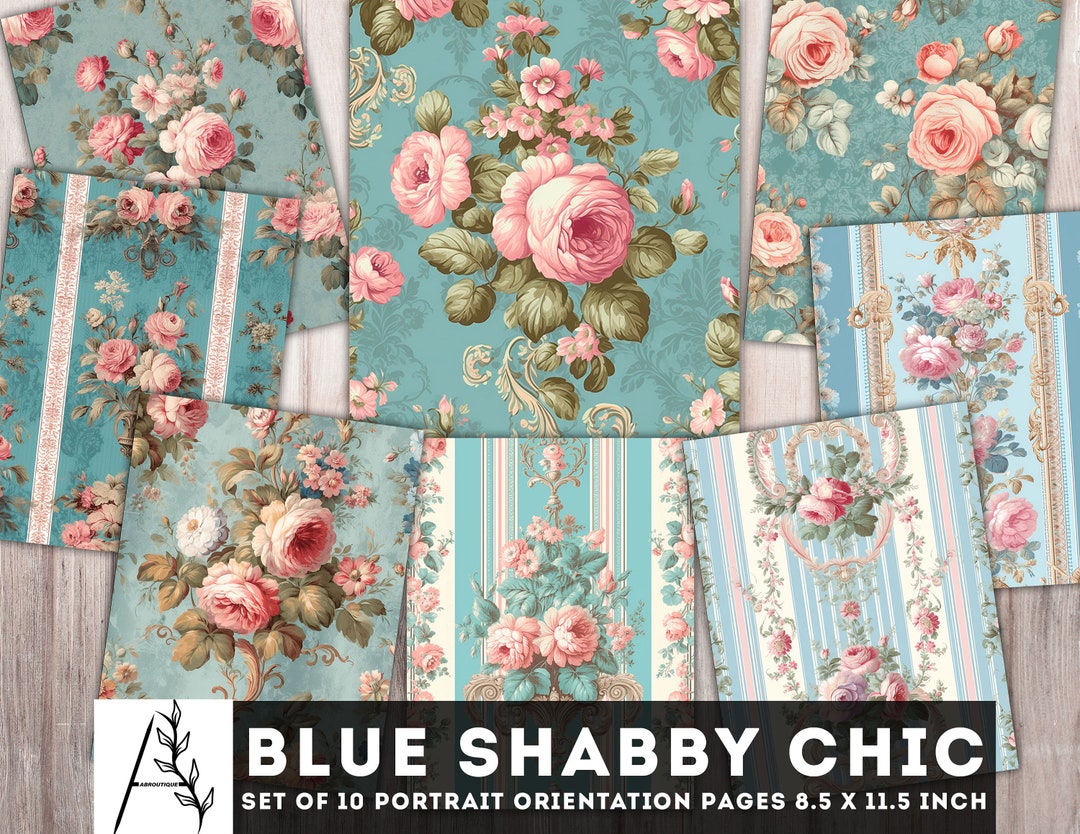 Blue Shabby Chic Paper, Shabby Chic Junk Journal Kit, 10 JPG Digital ...