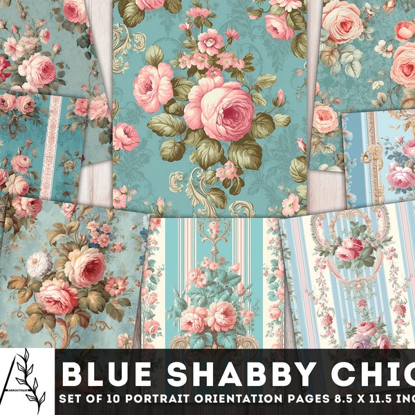 Blue Shabby Chic Paper, Shabby Chic Junk Journal kit, 10 JPG Digital Pages, Floral Junk Journal Kit, Romantic Printables, Download