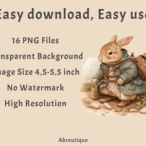 May include: A digital illustration of a brown rabbit wearing a blue jacket and carrying a brown backpack. The rabbit is standing on a path with a brown and white background. The text "Easy download, Easy use." is at the top of the image. The text "16 PNG Files" is below the rabbit. The text "Transparent Background" is below the text "16 PNG Files". The text "Image Size 4,5-5,5 inch" is below the text "Transparent Background". The text "No Watermark" is below the text "Image Size 4,5-5,5 inch". The text "High Resolution" is below the text "No Watermark". The text "Abroutique" is at the bottom of the image.
