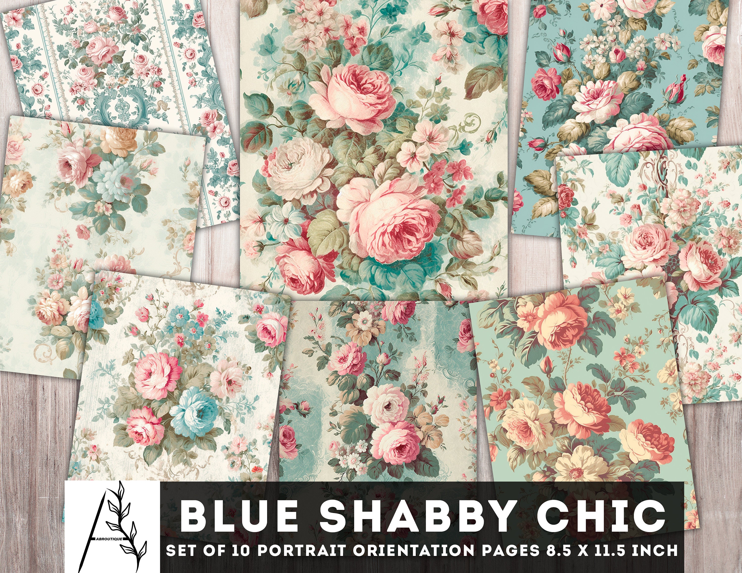 Shabby Chic Junk Journal Kit, 10 JPG Digitale Seiten, Blaue Shabby Chic Blumen, Floral Junk Journal Kit, Romantische Printables, Download