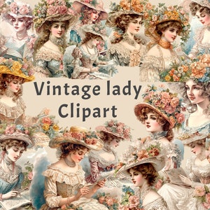 Clipart femme vintage, lot de 18 PNG pour femme, articles à imprimer pour journal indésirable pour femme classique, embellissement, décoration en papier, feuilles de collage pour femme