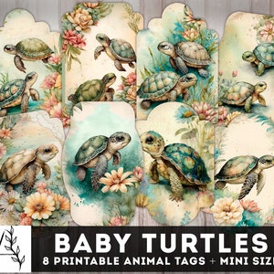 Baby Schildkröten Junk Journal Tags, Vintage Schildkröte Tag, digitale Journaling Etiketten, druckbare Einsätze, Shabby Chic Ephemera, Journal Zubehör