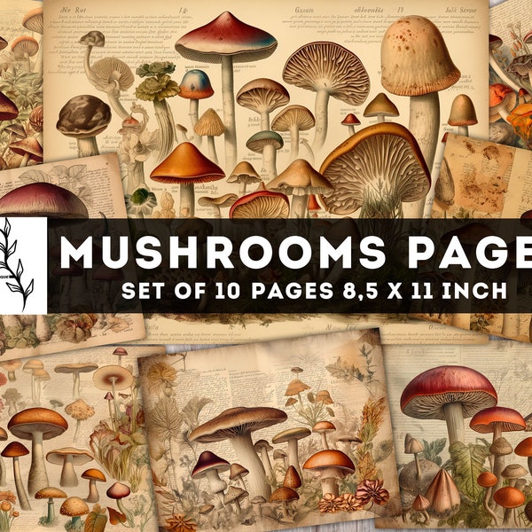 Mushrooms Junk Journal Pages, Vintage fungus Paper, 10 JPG Digital Pages, Ephemeral Botanical Junk Journal, Printables, Instant Download