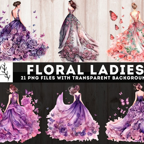 Floral Ladies Clipart, 21 PNG Lady en paquete de vestido de flores de acuarela, imprimibles de diario basura, adorno, corte quisquilloso, uso comercial