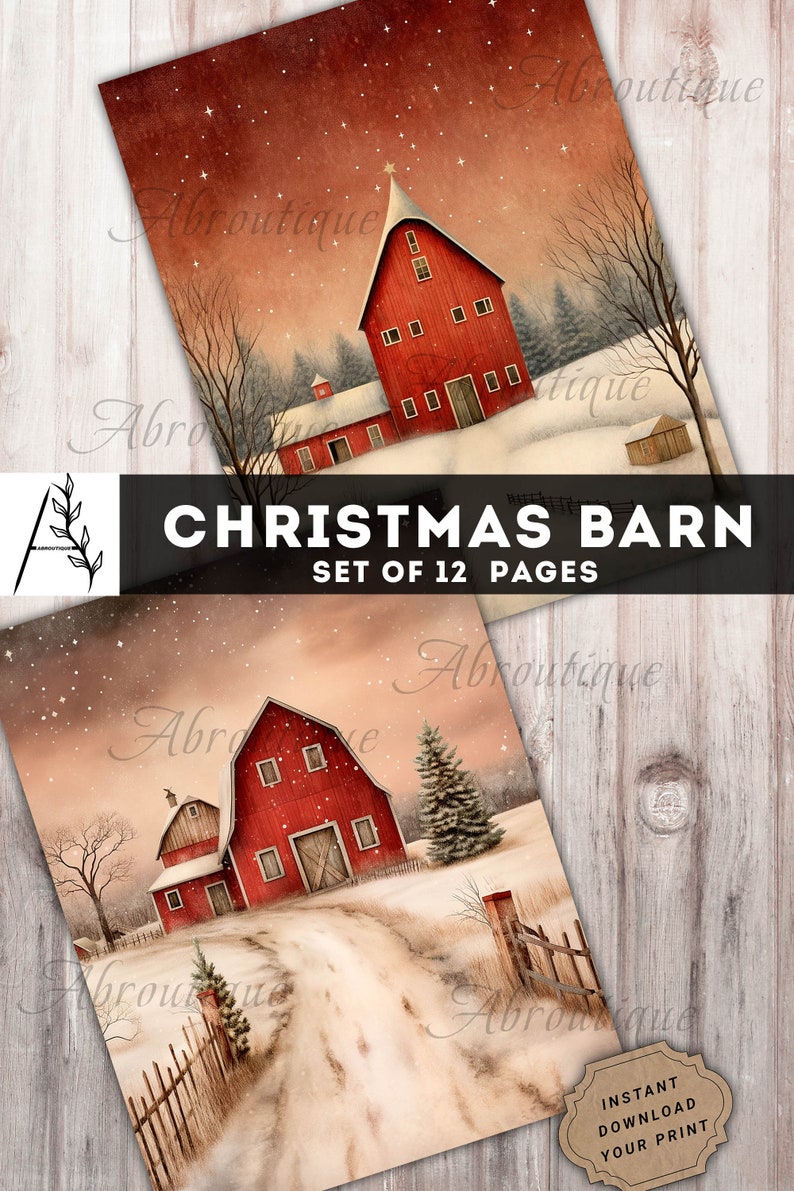 Christmas Barn Paper, Junk Journal Digital Kit, Red House, Winter Barn