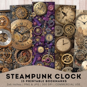 Horloge steampunk 15 PNG + 3 JPG, signets vintage Gears, fantastiques éphémères mécaniques, accessoires de livres imprimables, téléchargement numérique instantané