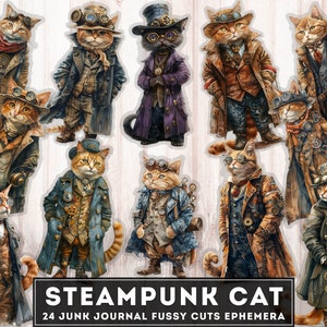 Steampunk Cats Clipart & Ephemera, Vintage Kitty Fussy Cuts, Imprimibles de diario basura, Descarga instantánea 24 ilustraciones PNG digitales + JPG