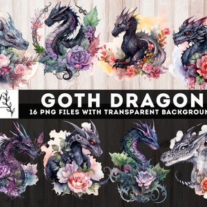 Imágenes Prediseñadas de dragones góticos de acuarela, 16 dragones PNG con paquete de flores, imprimibles de diario basura, criaturas góticas, corte quisquilloso, uso comercial