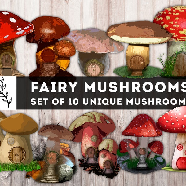 Fairy Mushrooms, Mushroom house, Mushrooms with Doors Junk Journal, Mushrooms print, Digital embellishment, Printable Ephemera Mushrooms PNG