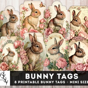 May include: Eight printable bunny tags featuring a vintage aesthetic. Each tag features a brown bunny with pink roses and green leaves. The tags are perfect for adding a touch of whimsy to your Easter crafts.