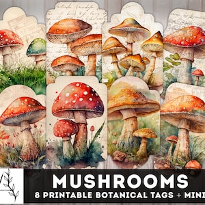 Vintage Mushrooms Tags, Journaling Labels, Junk Journal Tags, Botanic Printable Inserts, Ephemera, Garden Tags, Junk journal Supplies